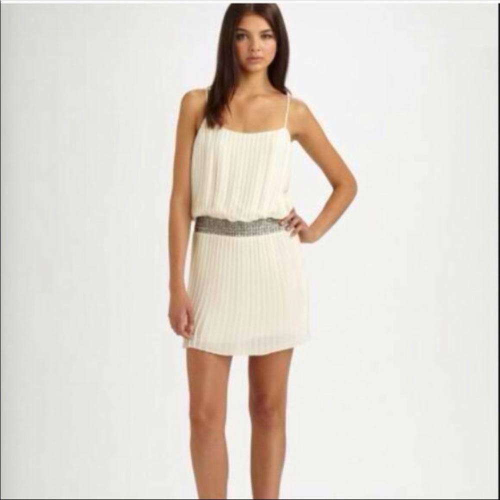 Parker Cream Pleated Beaded Waistband Dress Size Small - Picture 2 of 6